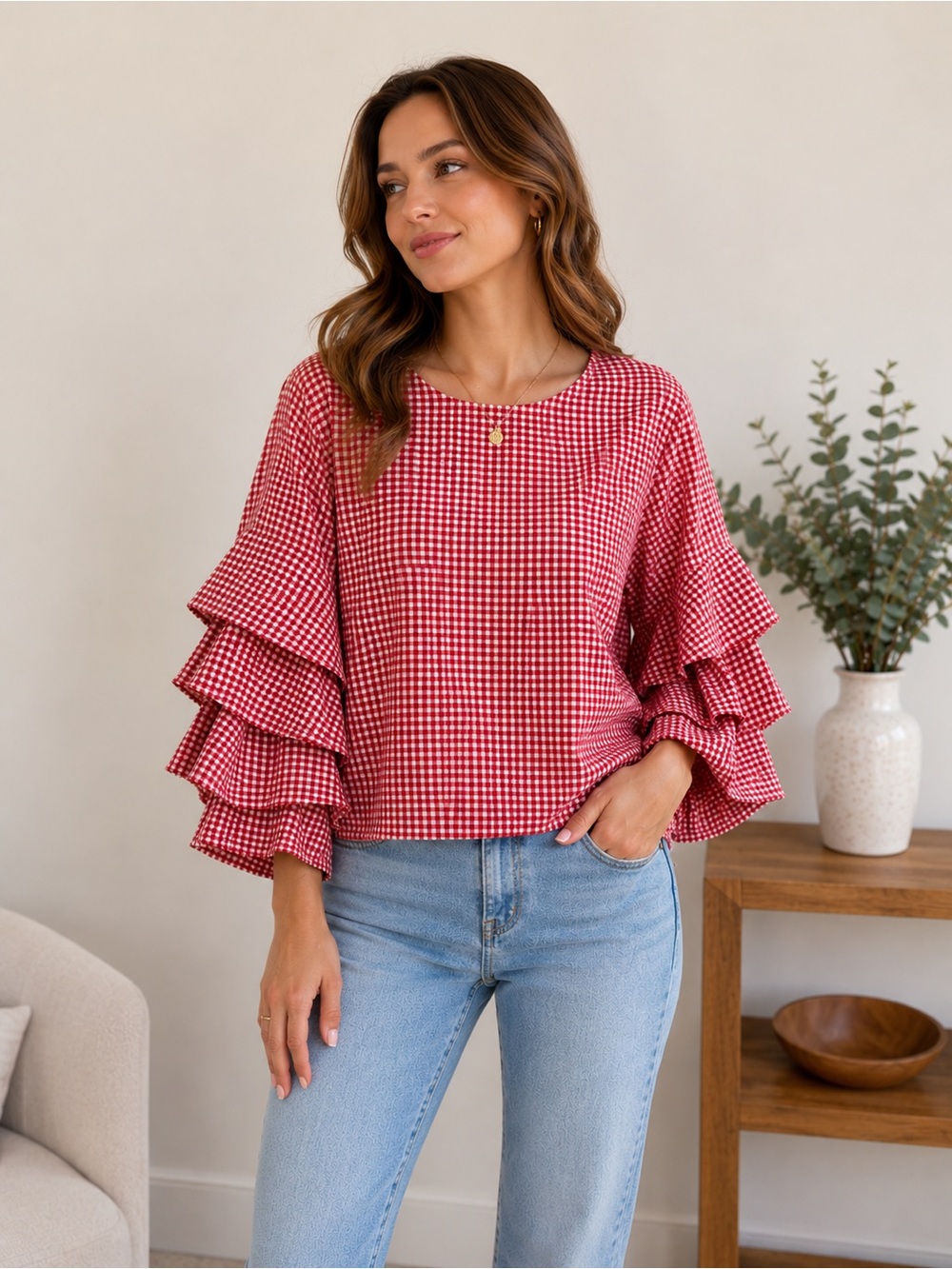 Who What Wear red and white gingham ruffle puff sleeve plaid top size small EUC